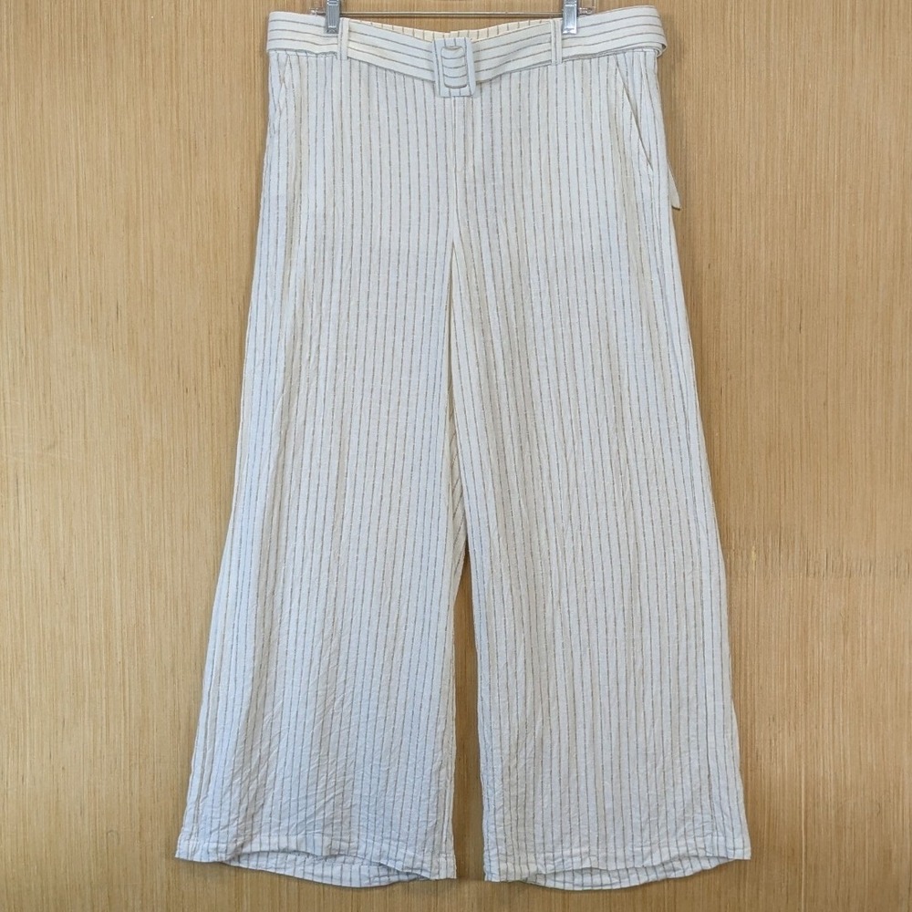 Lane Bryant Womens Linen Blend Wide Leg Pinstripe Pants 14‎ White Tan Belted